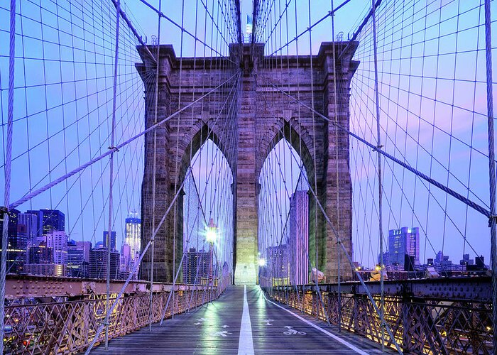 Arch Greeting Card featuring the photograph Brooklyn Bridge Walkway At Dawn, New by Andrew C Mace
