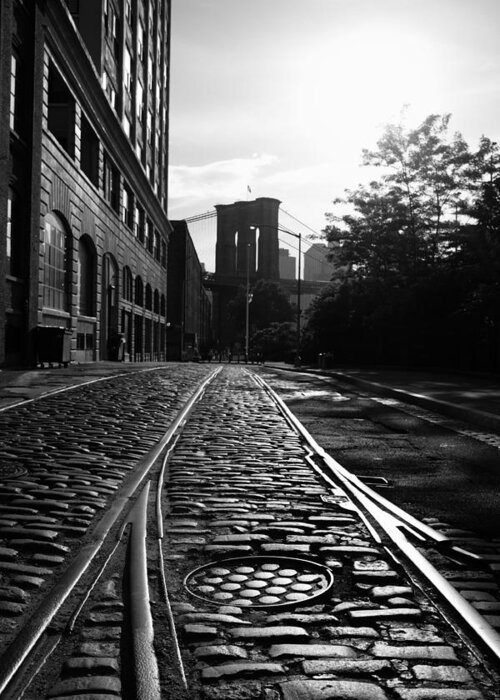 Railroad Track Greeting Card featuring the photograph Brooklyn Bridge Waterfront Street Sunset by Cribbvisuals