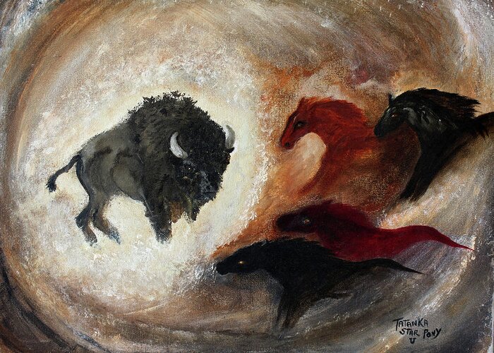 Tatanka Greeting Card featuring the painting Buffalo and Horses Dream by Barbie Batson