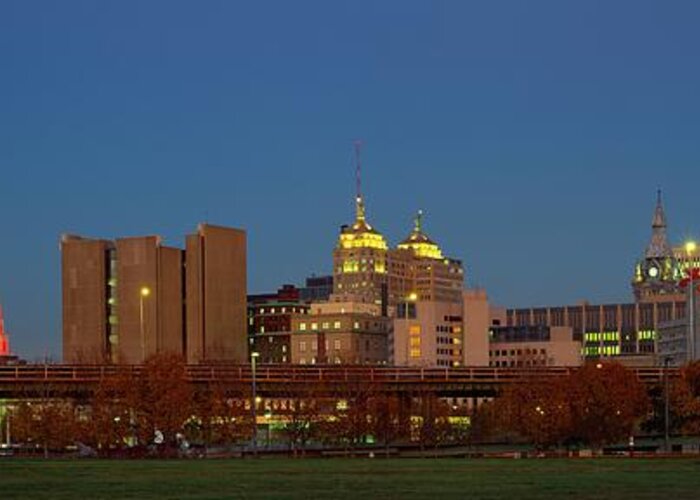 Panoramic Greeting Card featuring the photograph Buffalo, Skyline At Dusk, New York by Visionsofamerica/joe Sohm