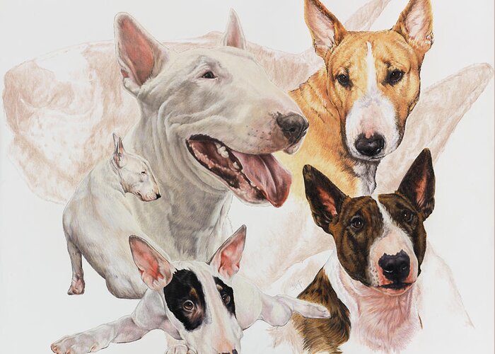 A Collage Of The Bull Terrier Breed With Ghost Image
Animals Greeting Card featuring the painting Bull Terrier With Ghost Image by Barbara Keith