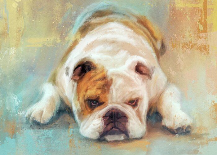 Colorful Greeting Card featuring the painting Bulldog With The Blues by Jai Johnson