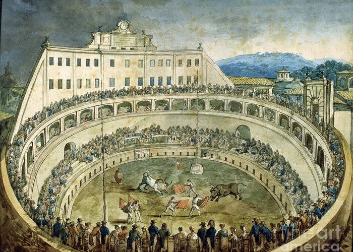 Animals Greeting Card featuring the painting Bullfight by Bartolomeo Pinelli