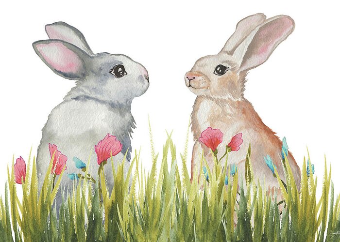 Bunnies Greeting Card featuring the mixed media Bunnies Among The Flowers II by Elizabeth Medley