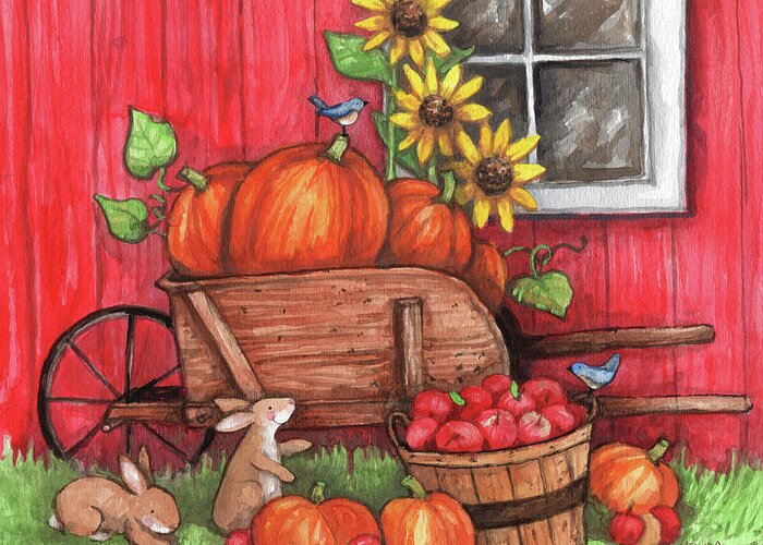 Bunnies Pumpkins And Red Barn Autumn Greeting Card featuring the painting Bunnies Pumpkins And Red Barn Autumn by Melinda Hipsher