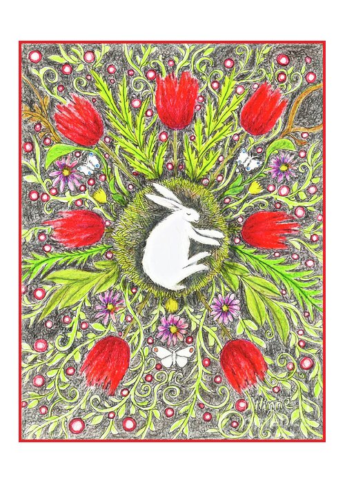 Lise Winne Greeting Card featuring the painting Bunny Nest with Red Flowers and White Butterflies by Lise Winne