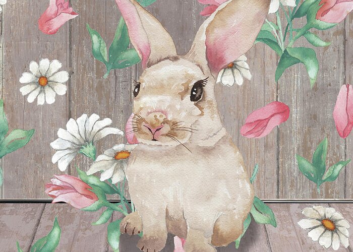 Bunny Greeting Card featuring the mixed media Bunny With Spring Florals by Elizabeth Medley