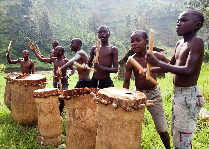 Five Objects Greeting Card featuring the photograph Burundis Boys Playing Drums by Buena Vista Images