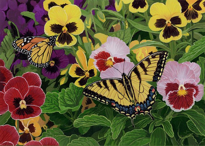 Butterfly Butterflies Greeting Card featuring the painting Butterflies And Pansies by William Vanderdasson