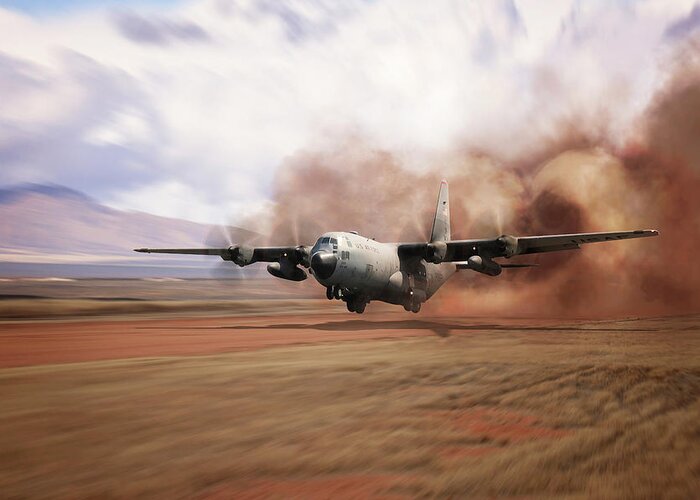 C-130 Hercules Greeting Card featuring the digital art C130 Dirt Strip Landing by Airpower Art