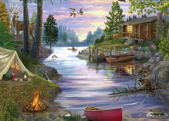 Cabin Lake Greeting Card featuring the painting Cabin Lake by Bigelow Illustrations