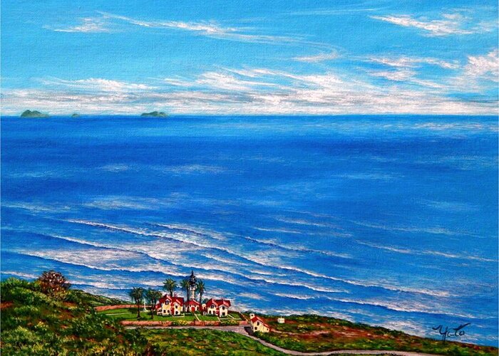 San Diego Greeting Card featuring the painting San Diego,Cabrillo lighthouse, San Diego by John YATO