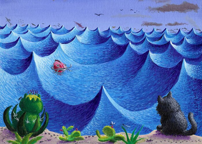 Sea Greeting Card featuring the painting Cactus, Cat, Fish by Sam Hurt