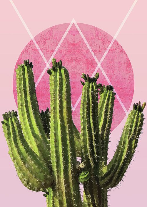 Cactus Greeting Card featuring the mixed media Cactus - Minimal Cactus Poster - Desert Wall Art - Tropical, Botanical - Pink, Green - Modern by Studio Grafiikka