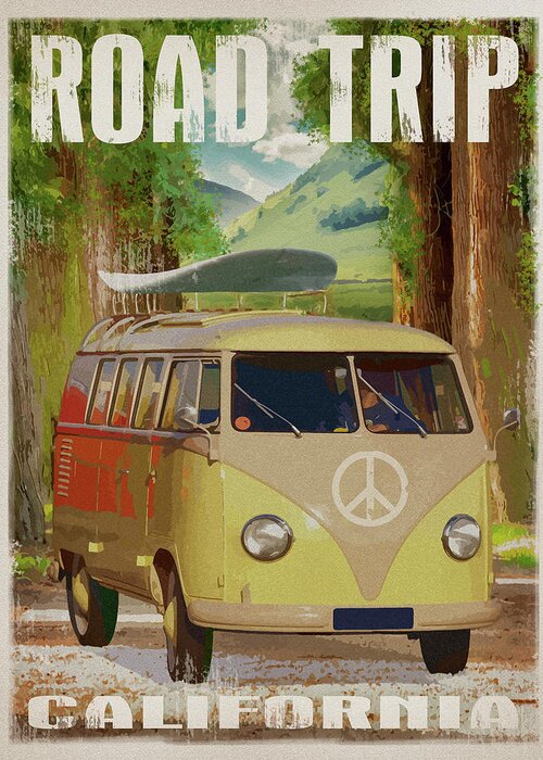 Cali Road Trip Greeting Card featuring the mixed media Cali Road Trip by Old Red Truck