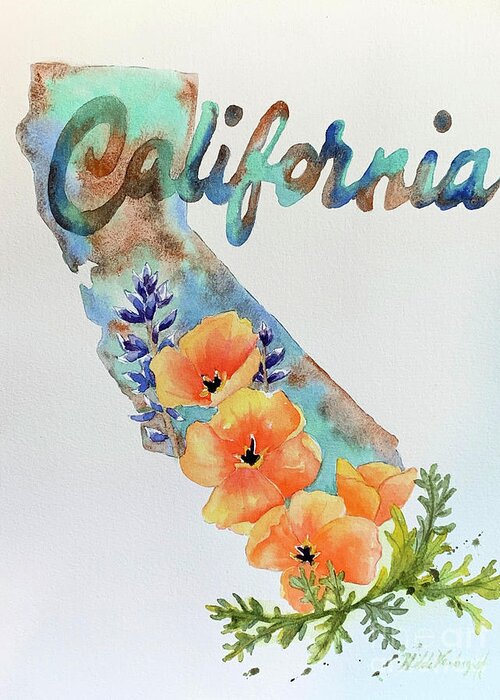California Greeting Card featuring the painting California Map by Hilda Vandergriff