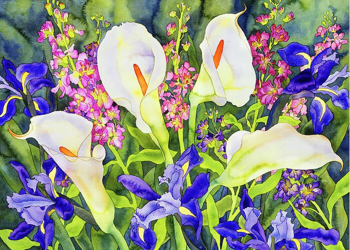 Callas With Irises Greeting Card featuring the painting Callas With Irises by Carissa Luminess