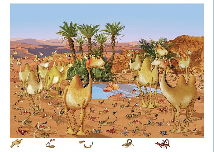 Camels At The Oasis Greeting Card featuring the painting Camels At The Oasis by Francois Ruyer