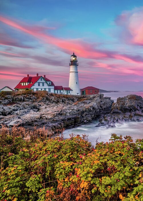 Portland Head Light Greeting Card featuring the photograph Cape Elizabeth Lighthouse - Portland Head Light in Autumn by Gregory Ballos