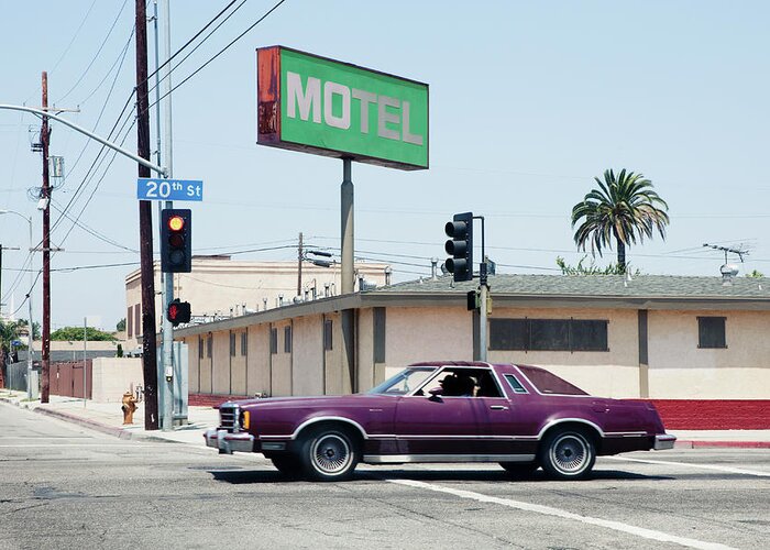 Shadow Greeting Card featuring the photograph Car Passing Motel In Los Angeles by Michael Wells