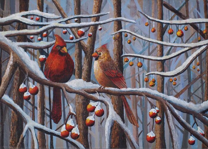 Cardinals Greeting Card featuring the painting Cardinals by Mindy Huntress