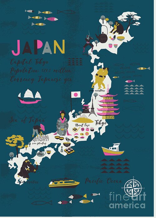 Symbol Greeting Card featuring the digital art Cartoon Map Of Japan Print Design by Lavandaart