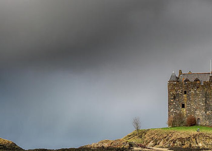  Greeting Card featuring the photograph Castle Stalker Downpour by Grant Glendinning