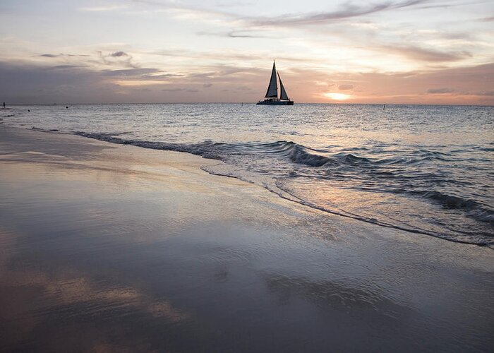 Water's Edge Greeting Card featuring the photograph Catamaran At Sunset Seen From Bucuti by Holger Leue