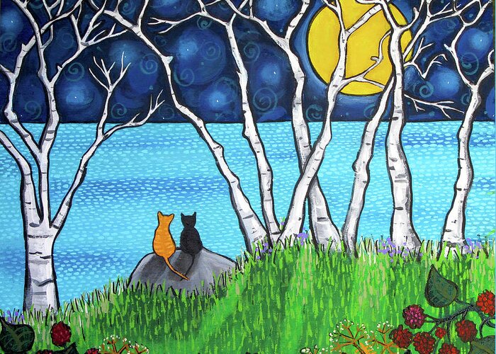 Cats Birchtrees Ocean Greeting Card featuring the painting Cats Birchtrees Ocean by Shelagh Duffett