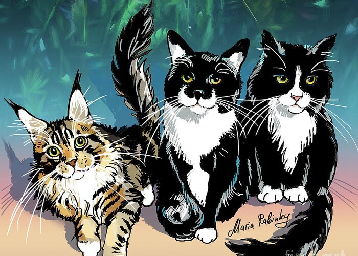Cat Portrait Greeting Card featuring the digital art Cats by Maria Rabinky