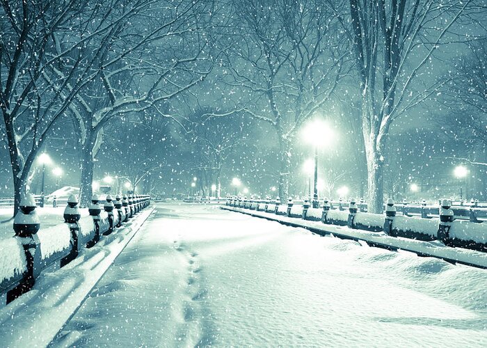 The Mall Greeting Card featuring the photograph Central Park By Night During Snow Storm by Pawel.gaul