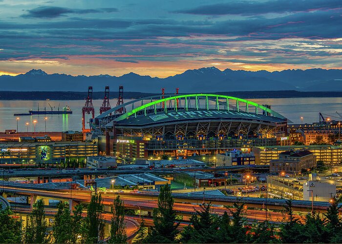Century Link Field Greeting Card featuring the photograph Century Link Field Glow by Emerita Wheeling