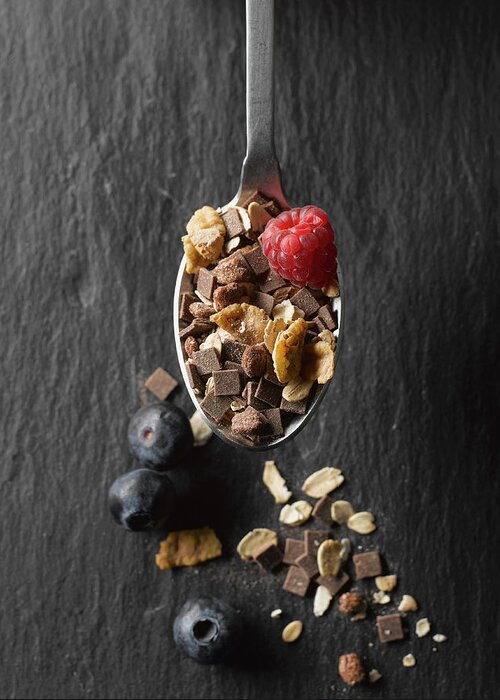 Spoon Greeting Card featuring the photograph Cereal With Fruits And Chocolate In by Westend61