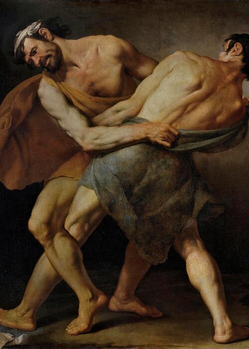 Fracanzano Cesare Greeting Card featuring the painting Cesare Fracanzano / 'Two Wrestlers or Hercules and Antaeus -?-', 1637, Italian School. ANTEO. by Cesare Fracanzano -1605-1651-