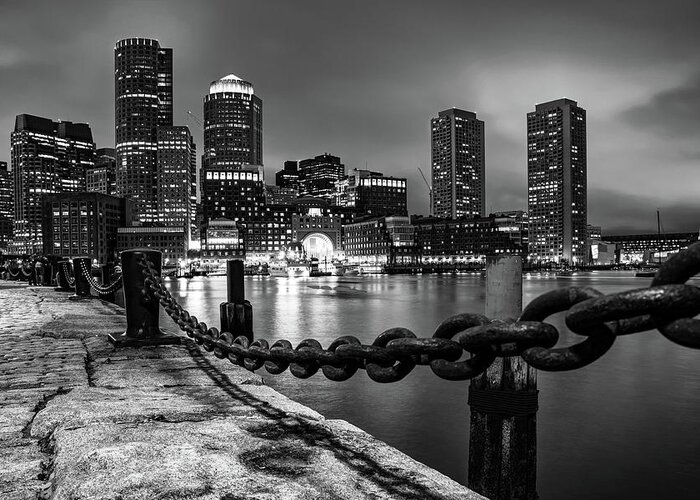 Boston Skyline Greeting Card featuring the photograph Chain Link Boston Skyline in Black and White by Gregory Ballos