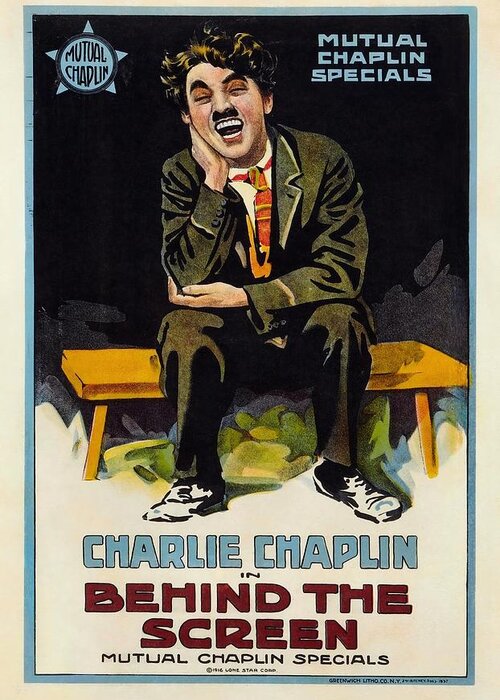 Charles Chaplin Greeting Card featuring the photograph CHARLIE CHAPLIN in BEHIND THE SCREEN -1916-. by Album