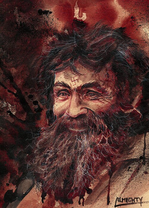Ryan Almighty Greeting Card featuring the painting CHARLES MANSON portrait dry blood by Ryan Almighty