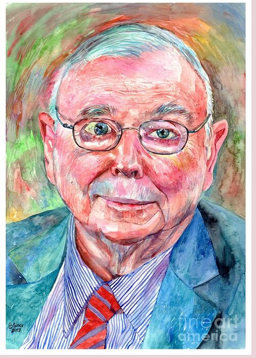 Charlie Greeting Card featuring the painting Charlie Munger Portrait by Suzann Sines