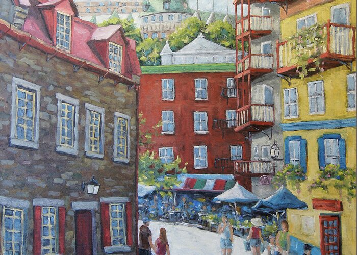 Quebec Historic Cityscape Scene Greeting Card featuring the painting Chateau Frontenac Lower Quebec by Richard Pranke by Richard T Pranke