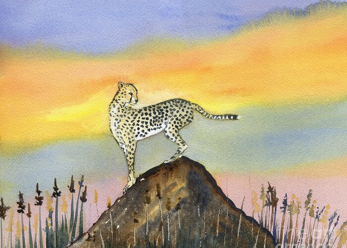 Cheetah In Sunset Greeting Card featuring the painting Cheetah in Sunset by Melly Terpening