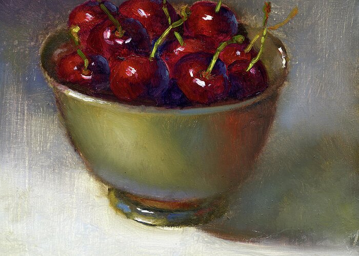 Cherries In A Bowl Greeting Card featuring the painting Cherries In A Bowl by Hall Groat Ii
