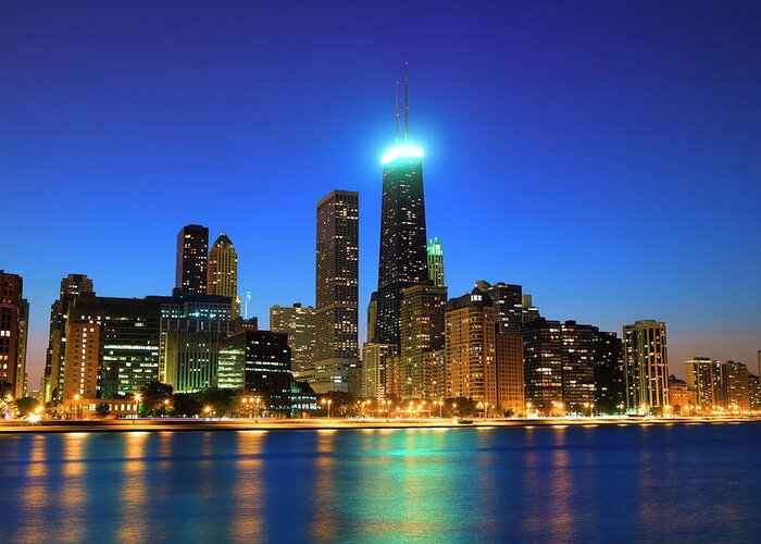 Lake Michigan Greeting Card featuring the photograph Chicago Skyline At Night by Pawel.gaul