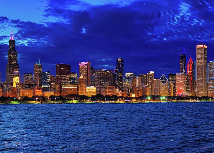 Chicago Greeting Card featuring the photograph Chicago Skyline at the Blue Hour by Mitchell R Grosky