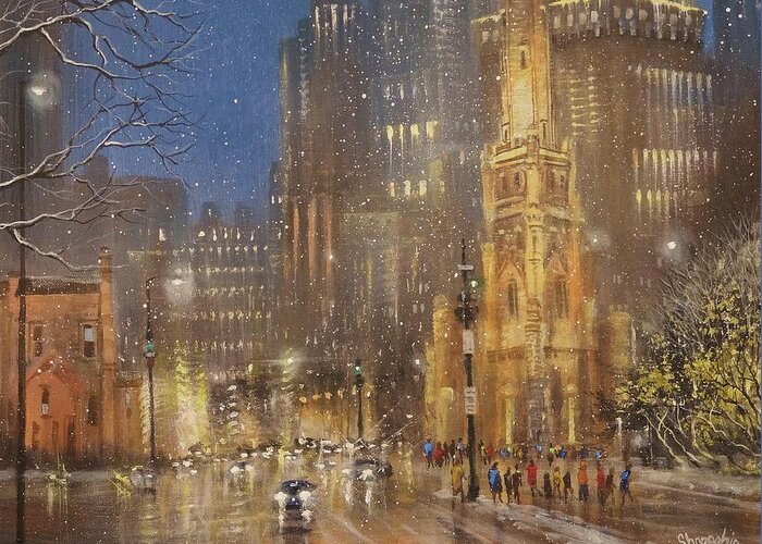 Snow Scene Greeting Card featuring the painting Chicago Water Tower by Tom Shropshire