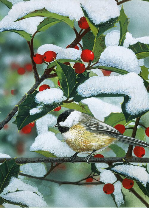 Chickadees And Holly Branch Greeting Card featuring the painting Chickadees And Holly Branch by William Vanderdasson