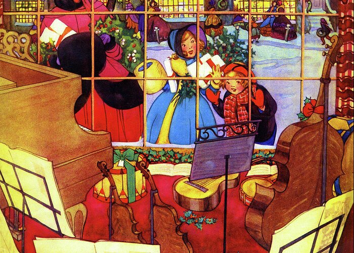 Etude Greeting Card featuring the painting Children look in a music store window at Christmas by Ruth Collings Speers