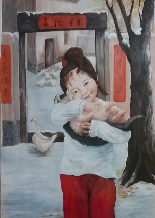 Chinese Greeting Card featuring the painting Chinese little girl by Patricia Rachidi