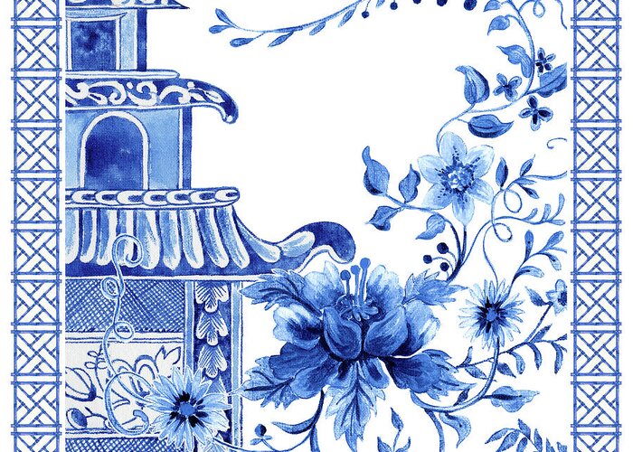 Chinese Greeting Card featuring the painting Chinoiserie Blue and White Pagoda with Stylized Flowers and Chinese Chippendale Border by Audrey Jeanne Roberts