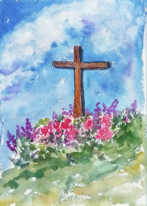 Christian Cross Greeting Card featuring the painting Christian Cross 3 by Asha Sudhaker Shenoy