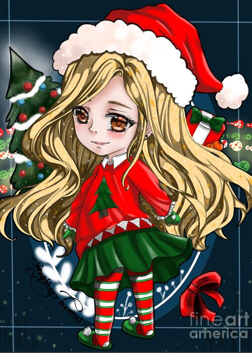 Christmas Anime Girl Navy Greeting Card by Anime Art For U